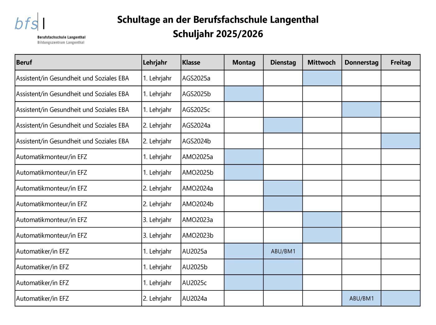 Schultage Schuljahr 2025/2026