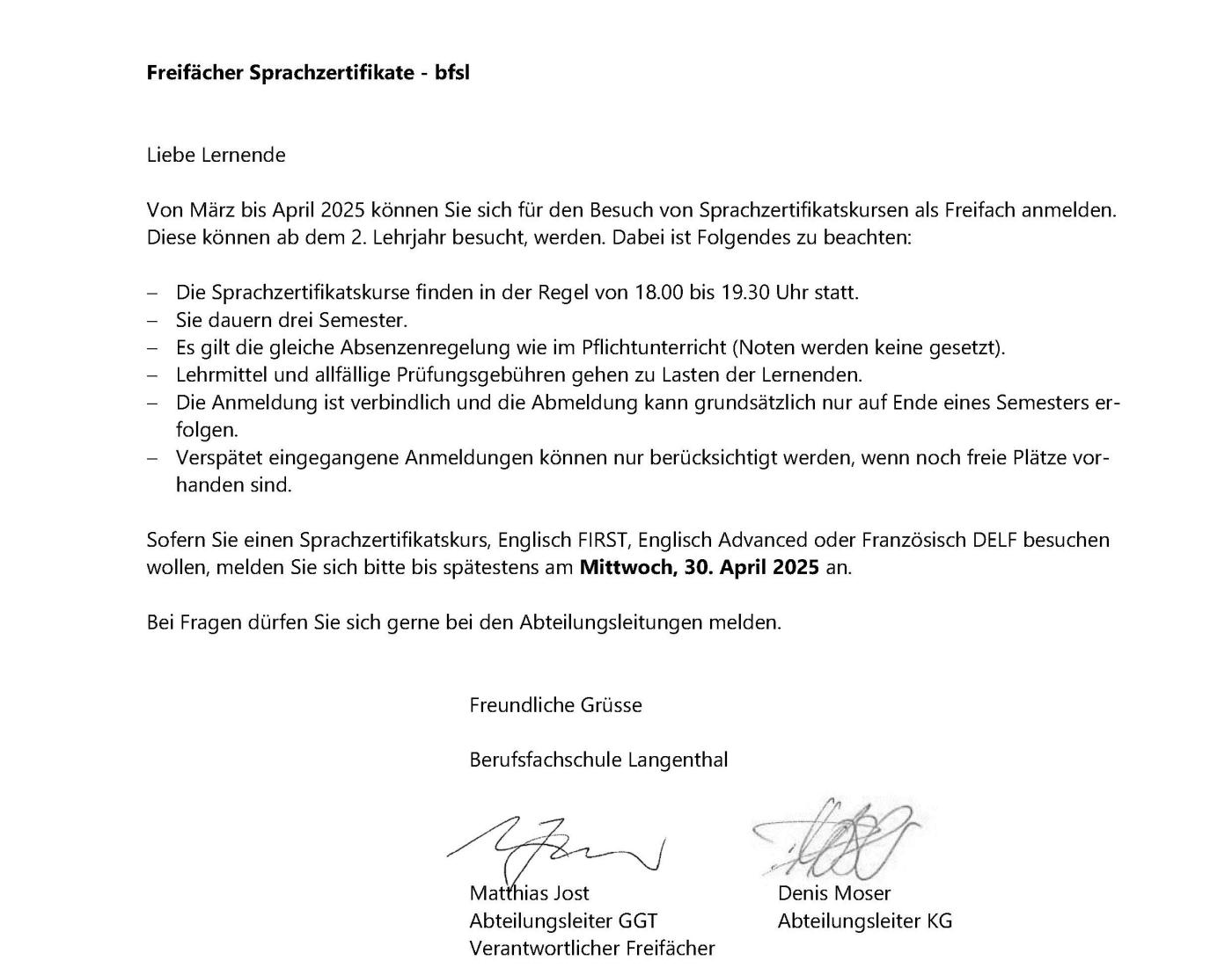 Freifächer Sprachzertifikate - bfsl